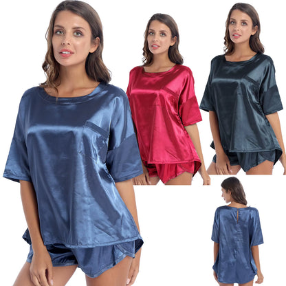 Casual Women Nightie 2Pcs Satin Pajamas Sets Summer Solid Color Pocket Tops with Shorts Sleep Bottoms Sleepwear Lounge Nightwear