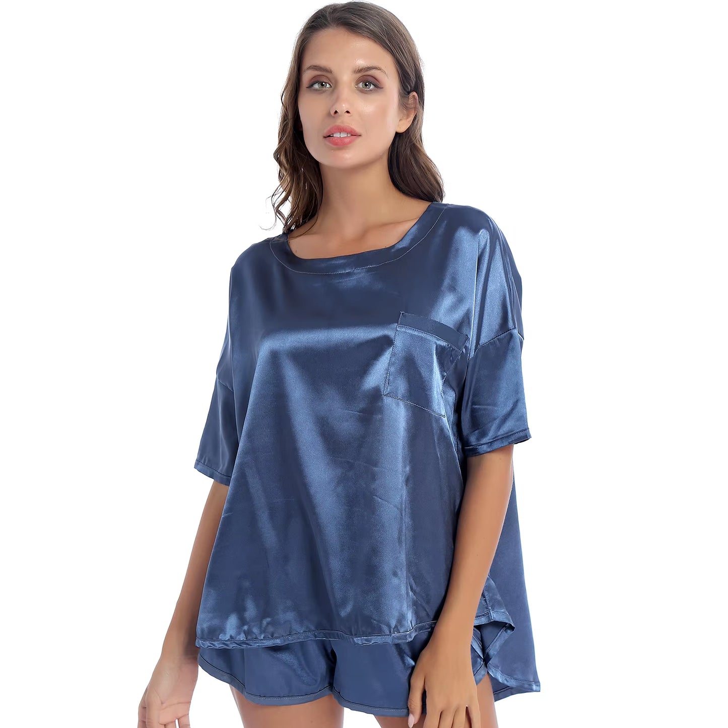 Casual Women Nightie 2Pcs Satin Pajamas Sets Summer Solid Color Pocket Tops with Shorts Sleep Bottoms Sleepwear Lounge Nightwear