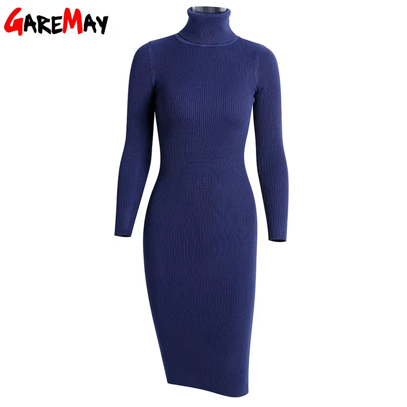 Turtleneck Sweater Dress Women 2024 Warm Knitted Dresses Black Vintage Winter Long Sleeve Dress Warm Autumn Womens Clothing