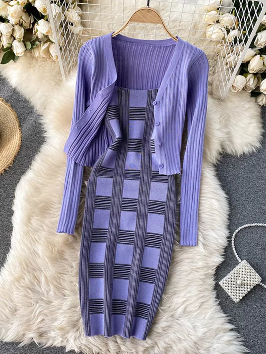 Women Knit Two Piece Set Plaid Print Spaghetti Strap Bodycon Mini Dress and Long Sleeve Knit Cardigan Suits Womens Clothing Sets