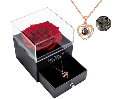 Preserved Rose with I Love You Necklace 100 Languages Jewelry Gift Box