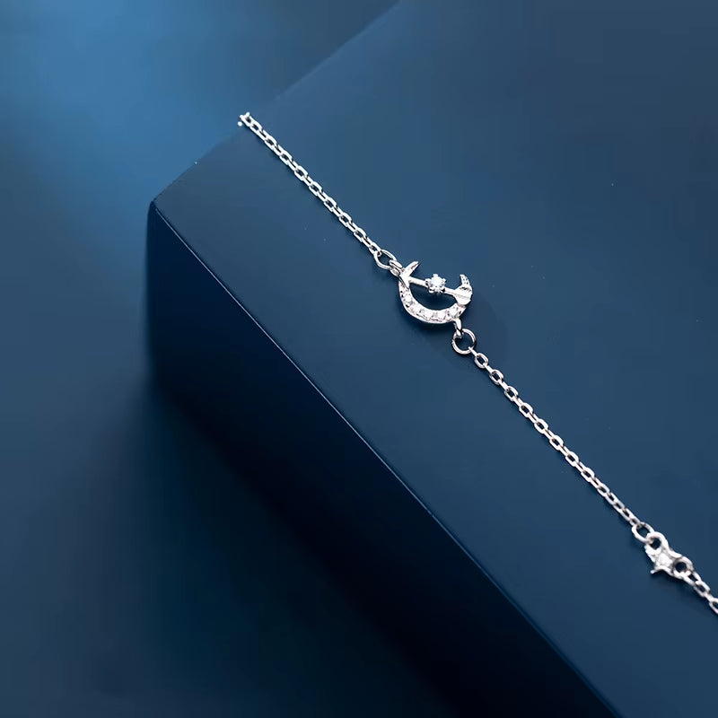 17+3.5Cm Women Bracelet Silver on Hand Chain Bracelet Moon Arrow 925 Sterling Silver Bracelet for Women Girl Female