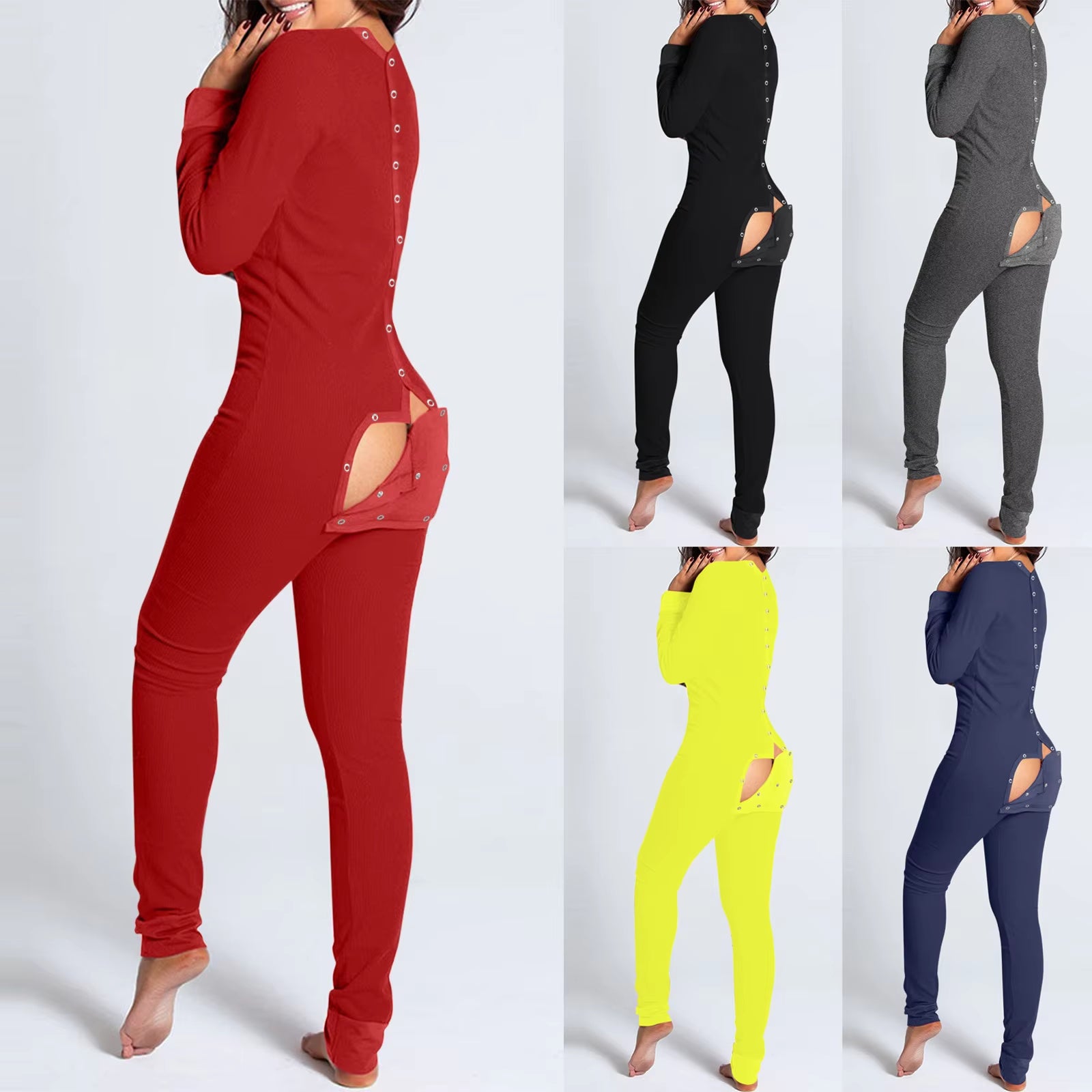 Autumn Women Sexy Onesie with Butt Flap Pajama Open Butt Onesie Romper Jumpsuit Open Crotch Nightwear Onesie Flap Sleepwear