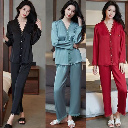 Casual Pajamas Set Satin Sexy Women 2 Piece Sleepwear Silky Pyjamas Loungewear Solid Nightwear Spring New Bathrobe Shirt&Pants