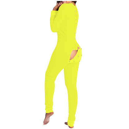 Autumn Women Sexy Onesie with Butt Flap Pajama Open Butt Onesie Romper Jumpsuit Open Crotch Nightwear Onesie Flap Sleepwear