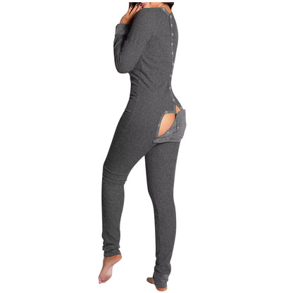 Autumn Women Sexy Onesie with Butt Flap Pajama Open Butt Onesie Romper Jumpsuit Open Crotch Nightwear Onesie Flap Sleepwear