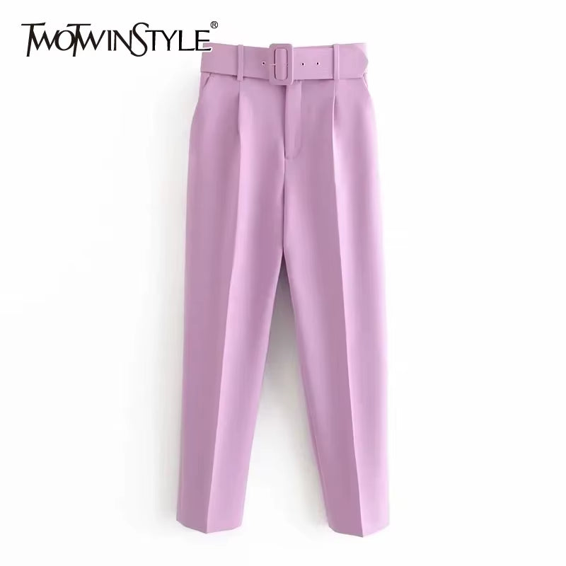 Casual Solid Color Pants for Women High Waist Belt Straight Long Pants Female 2021 Spring New Womens Clothing