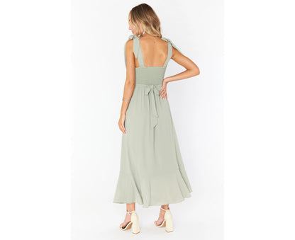 Women'S Tie Knots Sleeveless Maxi Dress Sexy Solid Tie Straps Split French Dress - Green