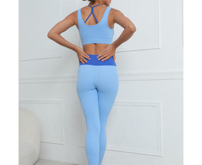 Womens Color Block Hip Lift Fitness Suit Sports Underwear and Yoga Trousers-Blue