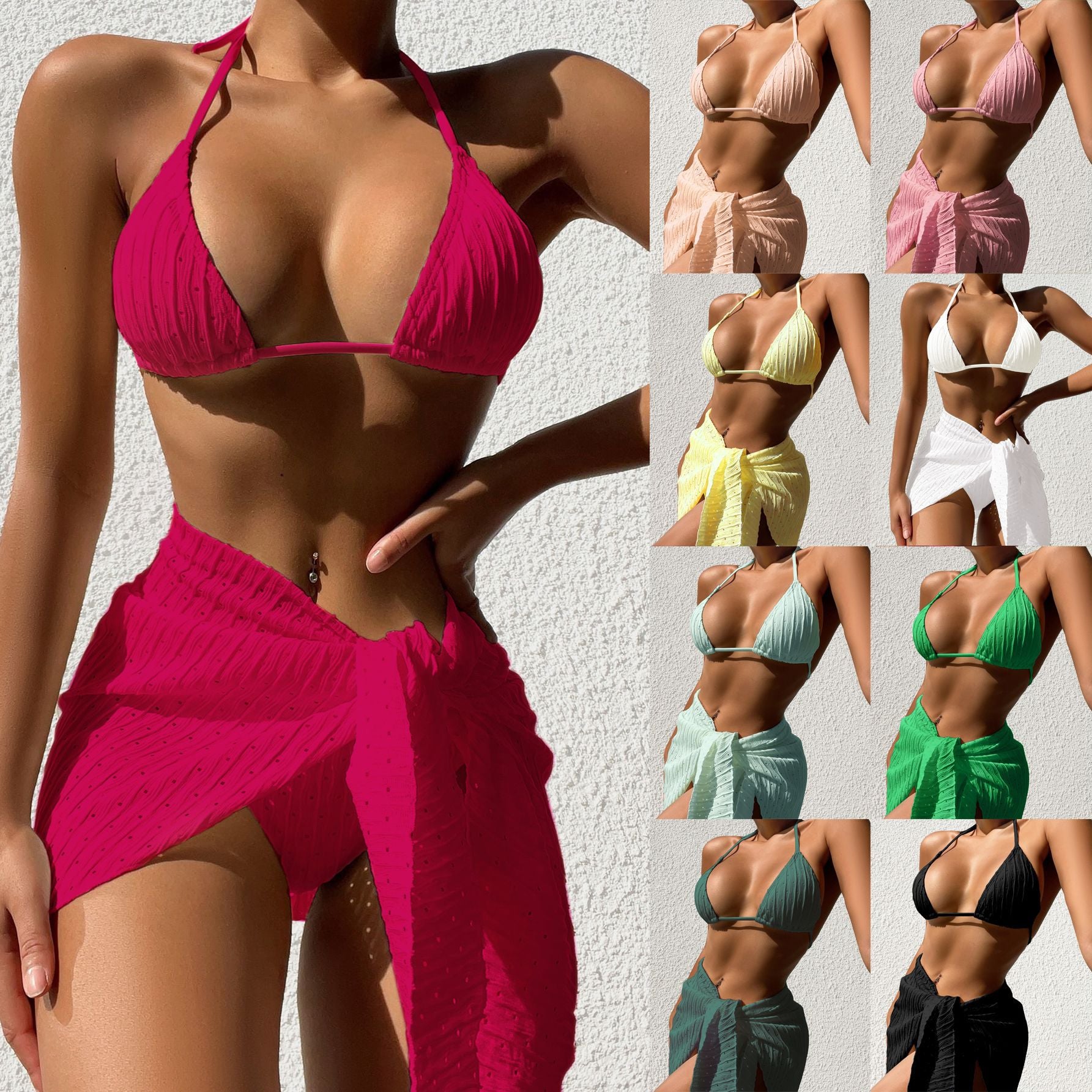 3Pcs Halterneck Swimsuit Set Beach Solid Color Sexy Backless Bikini with Mesh Skirt Summer Womens Clothing