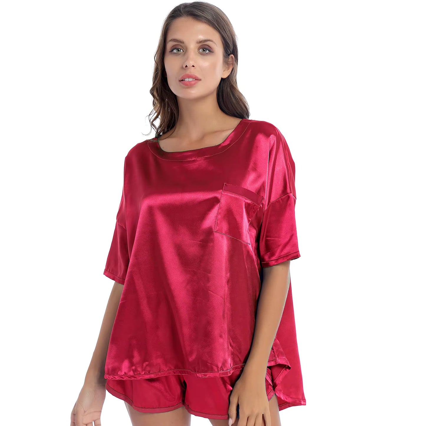 Casual Women Nightie 2Pcs Satin Pajamas Sets Summer Solid Color Pocket Tops with Shorts Sleep Bottoms Sleepwear Lounge Nightwear