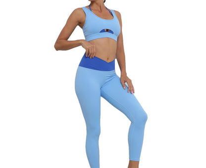 Womens Color Block Hip Lift Fitness Suit Sports Underwear and Yoga Trousers-Blue