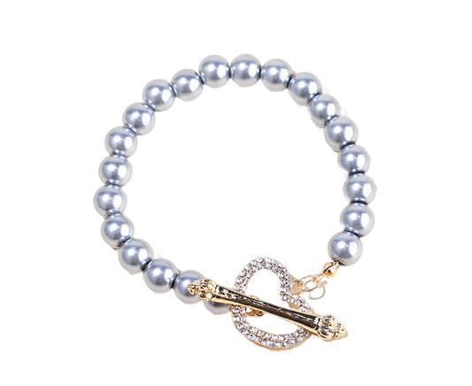 Beaded Bracelet Exquisite Adjustable Glossy INS Sweet Rhinestone round Imitation Pearl Bracelet for Daily Wear - Grey