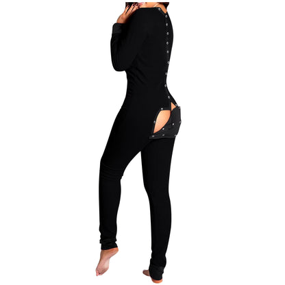 Autumn Women Sexy Onesie with Butt Flap Pajama Open Butt Onesie Romper Jumpsuit Open Crotch Nightwear Onesie Flap Sleepwear