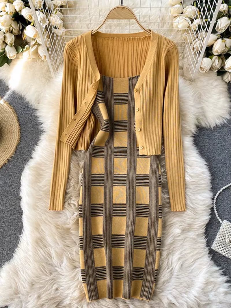 Women Knit Two Piece Set Plaid Print Spaghetti Strap Bodycon Mini Dress and Long Sleeve Knit Cardigan Suits Womens Clothing Sets