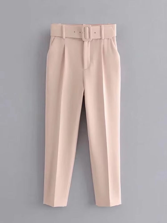 Casual Solid Color Pants for Women High Waist Belt Straight Long Pants Female 2021 Spring New Womens Clothing