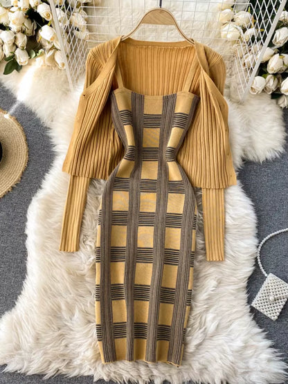 Women Knit Two Piece Set Plaid Print Spaghetti Strap Bodycon Mini Dress and Long Sleeve Knit Cardigan Suits Womens Clothing Sets