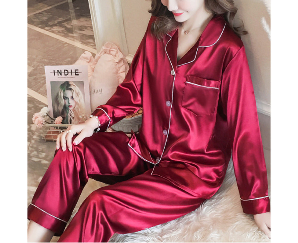 Women Satin Sleepwear Pyjamas Outfit Soft Silk Long Sleeve Nightwear Set - Red