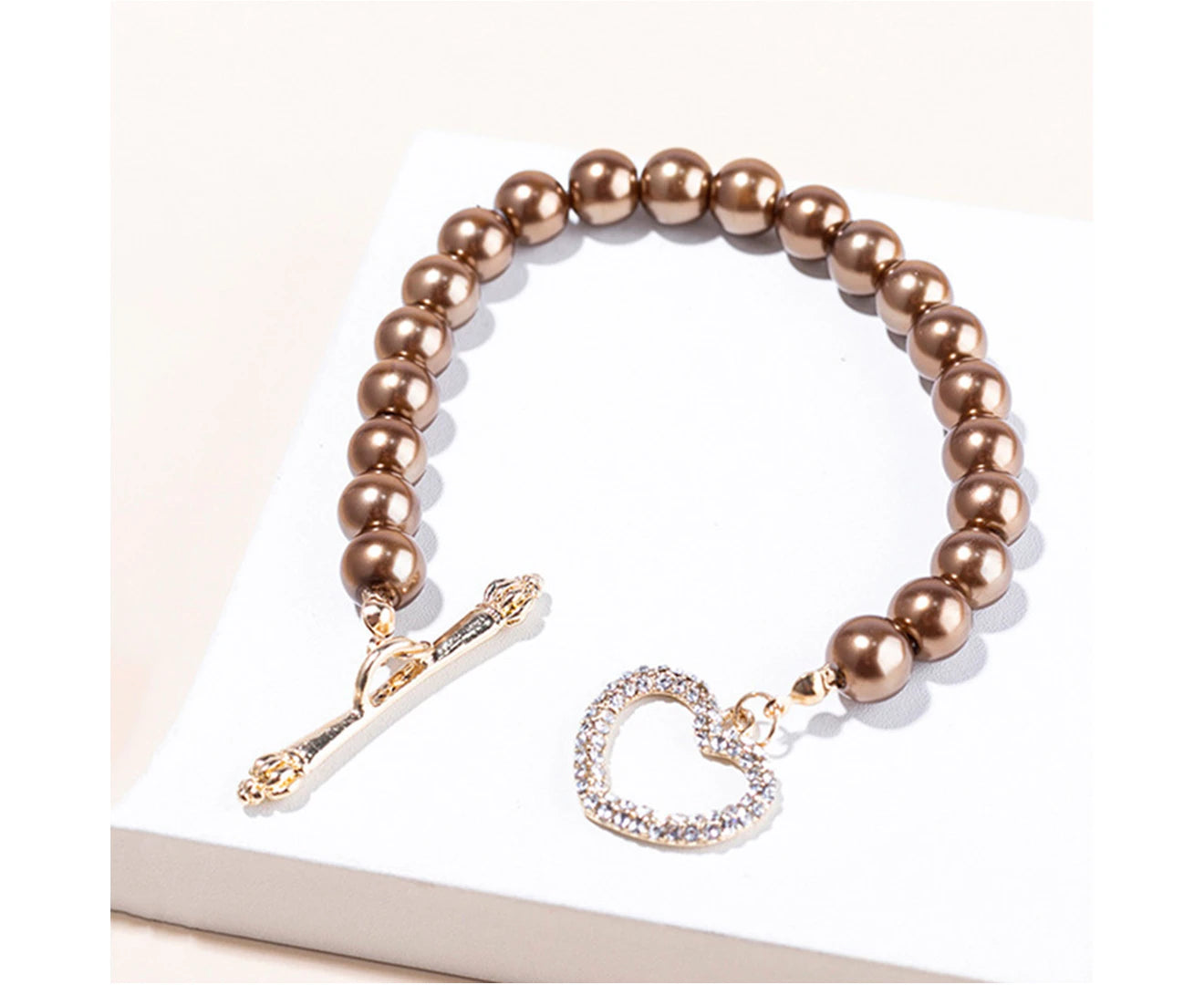 Beaded Bracelet Exquisite Adjustable Glossy INS Sweet Rhinestone round Imitation Pearl Bracelet for Daily Wear - Coffee