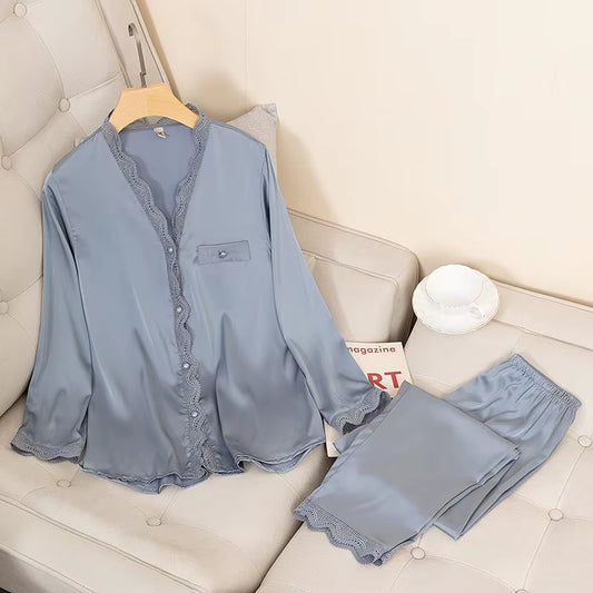 Casual Pajamas Set Satin Sexy Women 2 Piece Sleepwear Silky Pyjamas Loungewear Solid Nightwear Spring New Bathrobe Shirt&Pants