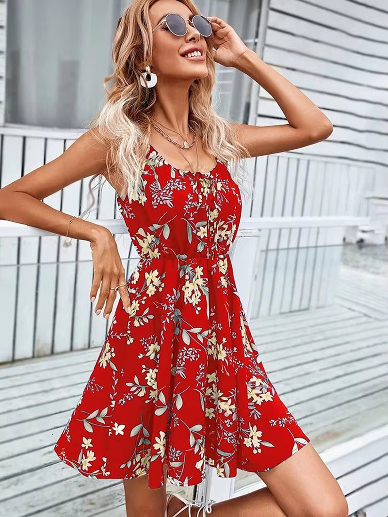 Sexy Floral Print Short Dress Women Summer Fashion Black Backless Beach Sundress Casual Sleeveless Lace-Up New in Dresses 2024