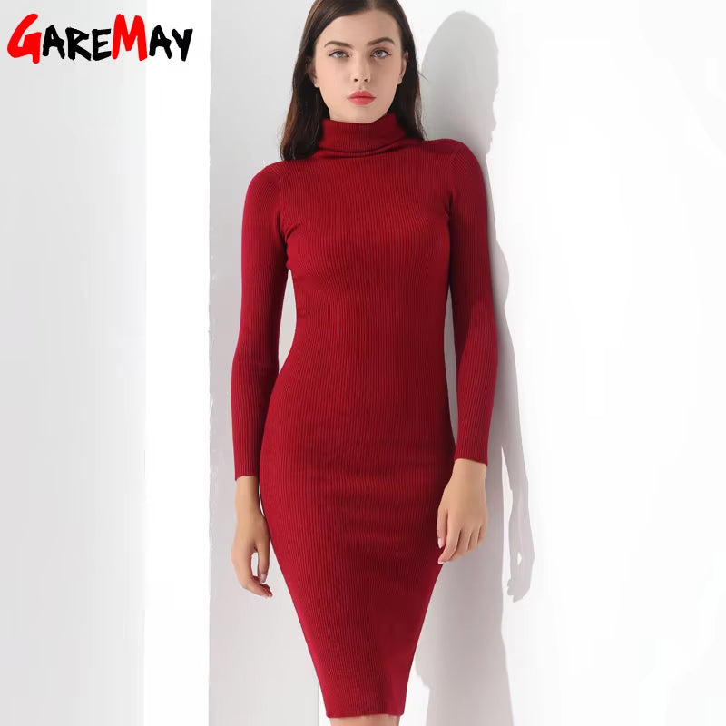 Turtleneck Sweater Dress Women 2024 Warm Knitted Dresses Black Vintage Winter Long Sleeve Dress Warm Autumn Womens Clothing