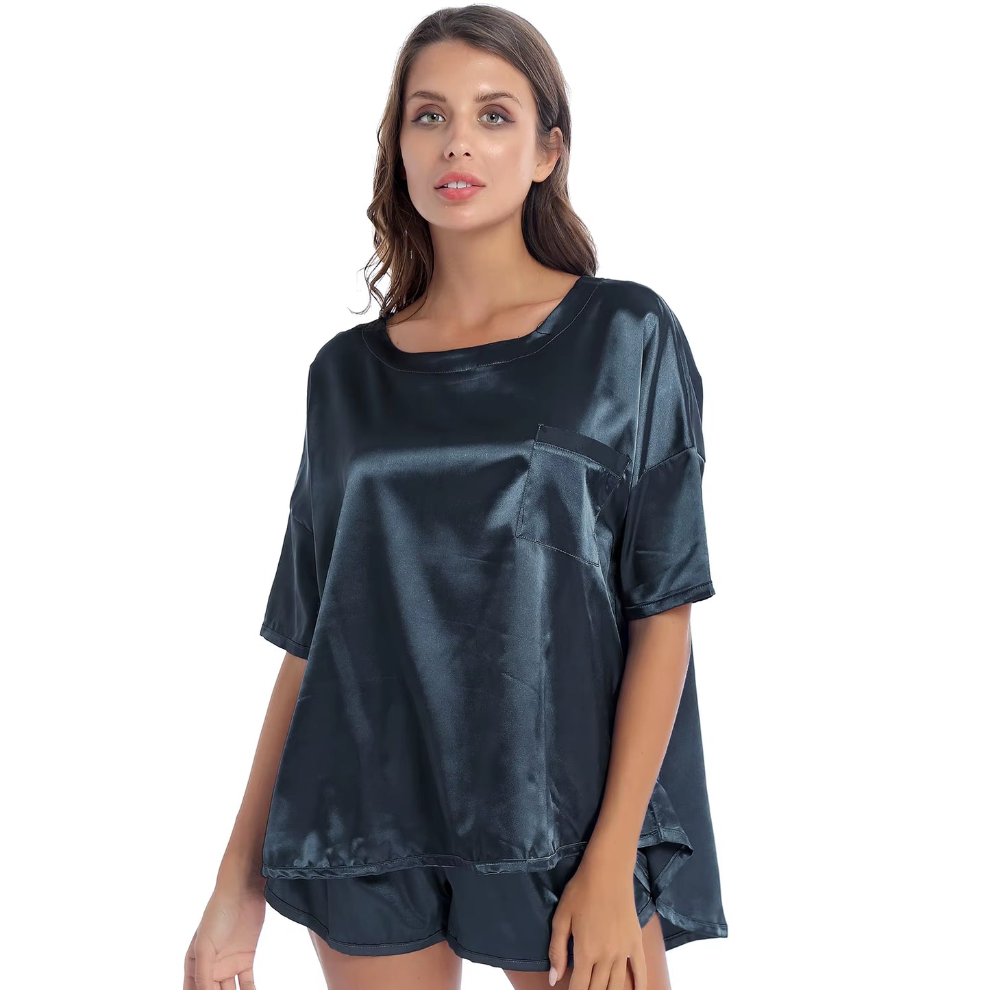 Casual Women Nightie 2Pcs Satin Pajamas Sets Summer Solid Color Pocket Tops with Shorts Sleep Bottoms Sleepwear Lounge Nightwear