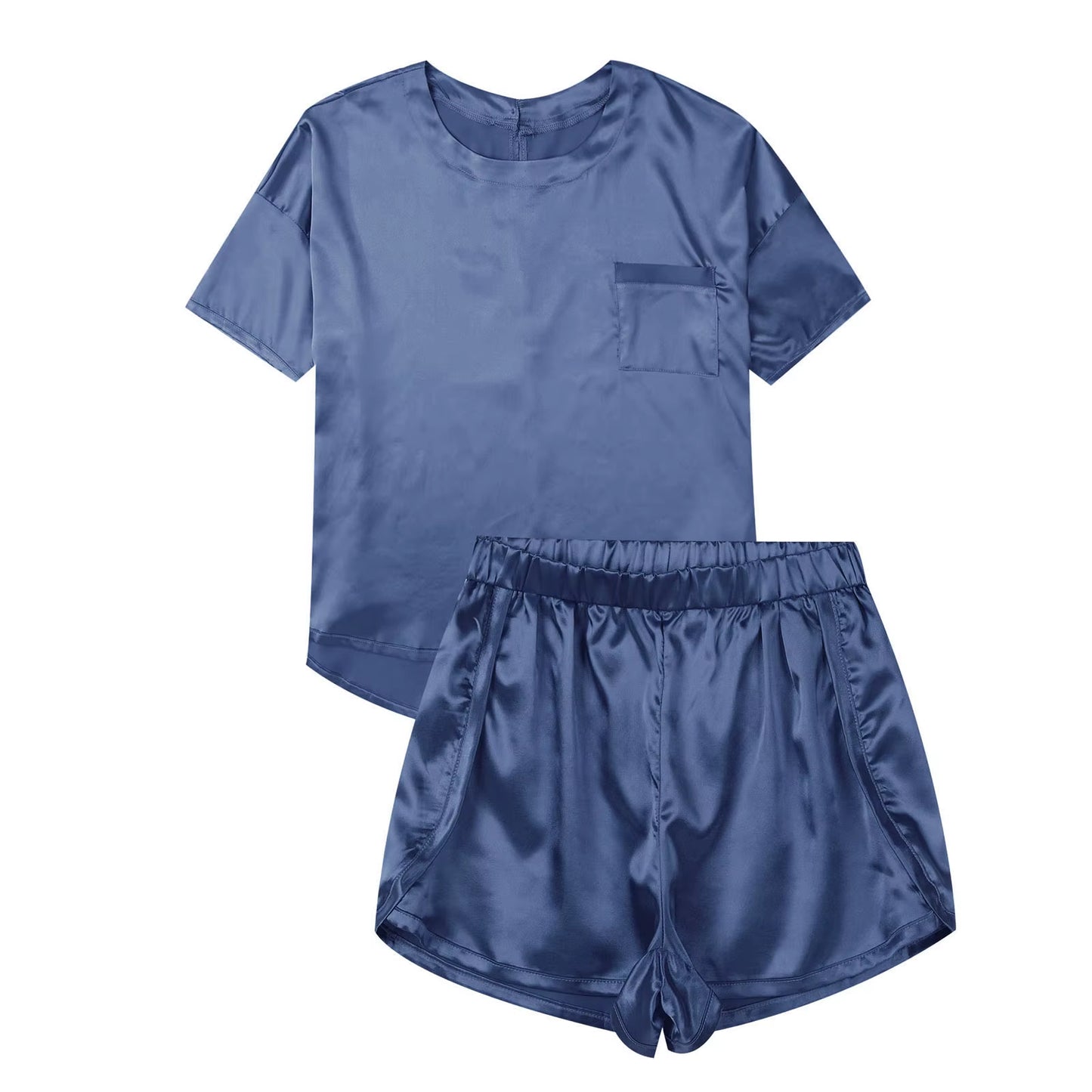 Casual Women Nightie 2Pcs Satin Pajamas Sets Summer Solid Color Pocket Tops with Shorts Sleep Bottoms Sleepwear Lounge Nightwear