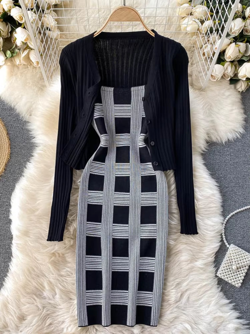 Women Knit Two Piece Set Plaid Print Spaghetti Strap Bodycon Mini Dress and Long Sleeve Knit Cardigan Suits Womens Clothing Sets