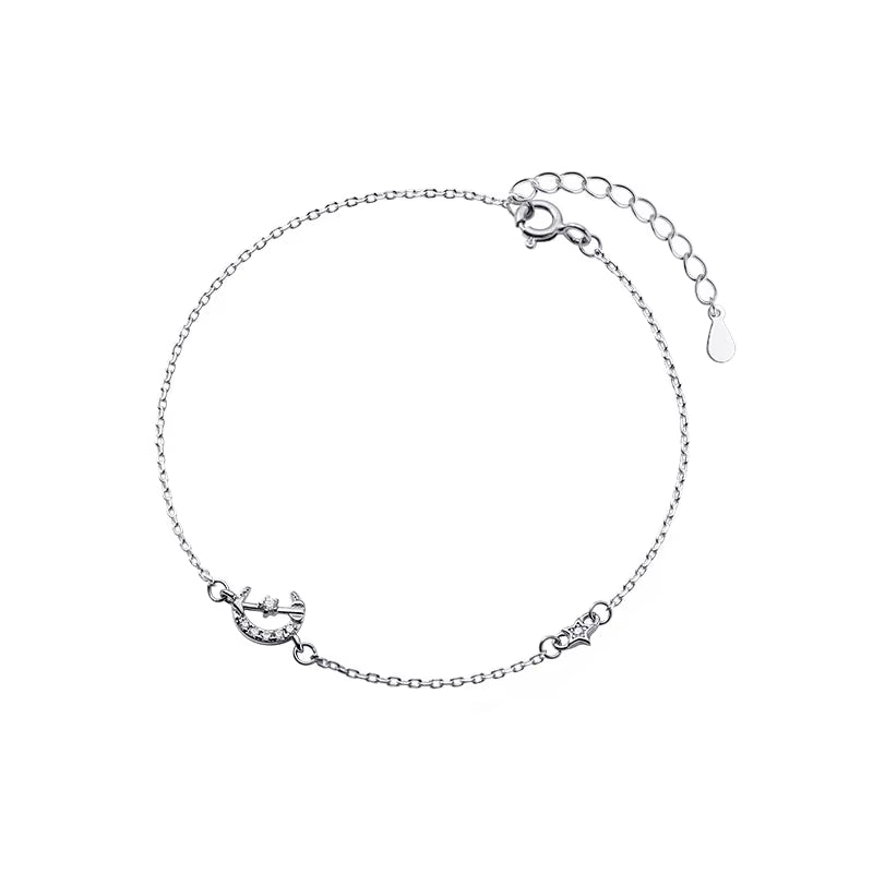 17+3.5Cm Women Bracelet Silver on Hand Chain Bracelet Moon Arrow 925 Sterling Silver Bracelet for Women Girl Female