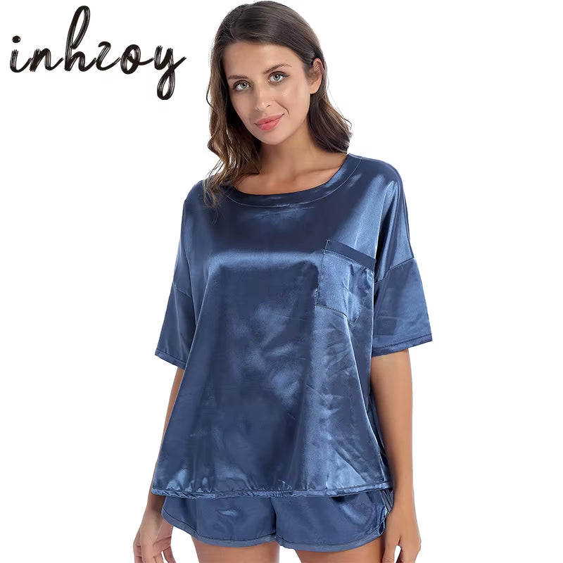 Casual Women Nightie 2Pcs Satin Pajamas Sets Summer Solid Color Pocket Tops with Shorts Sleep Bottoms Sleepwear Lounge Nightwear