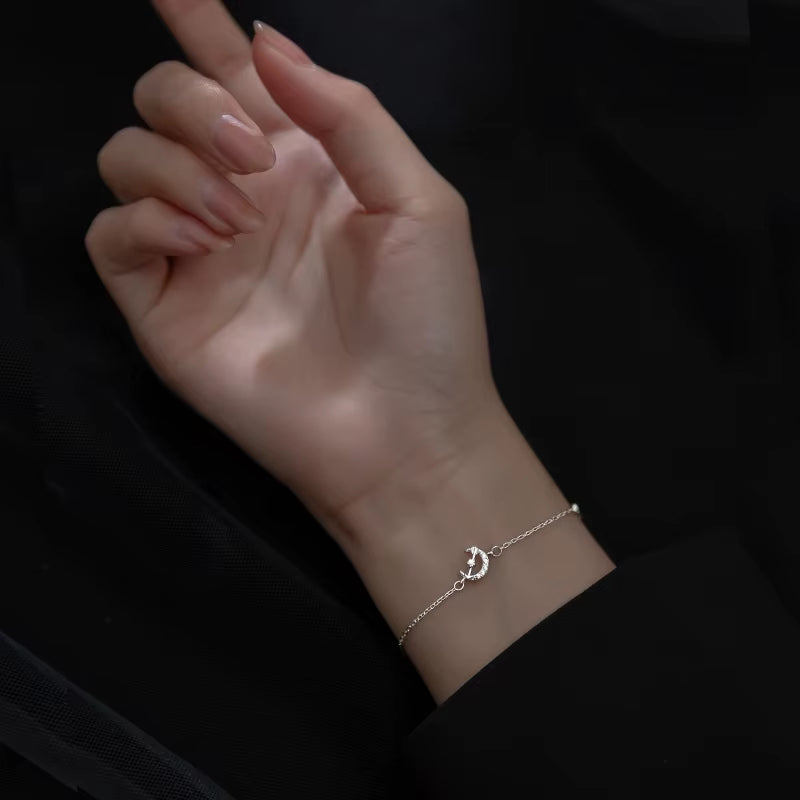 17+3.5Cm Women Bracelet Silver on Hand Chain Bracelet Moon Arrow 925 Sterling Silver Bracelet for Women Girl Female