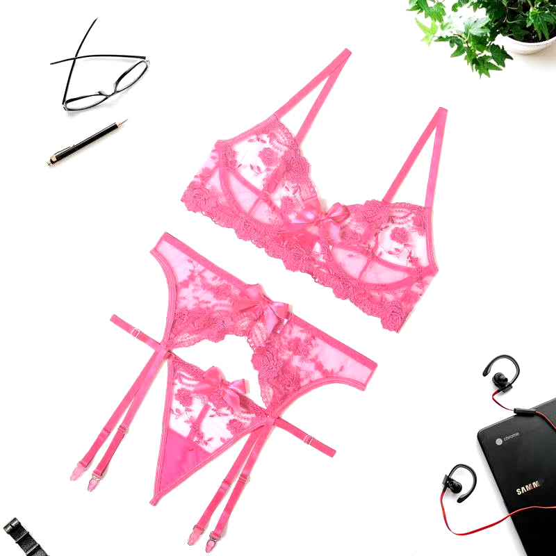 Sexy Lingerie Women Secret Set Transparent Lace Push up Bra Set Embroidery Bra+Garters+Thong 3 Piece Set See through Underwear