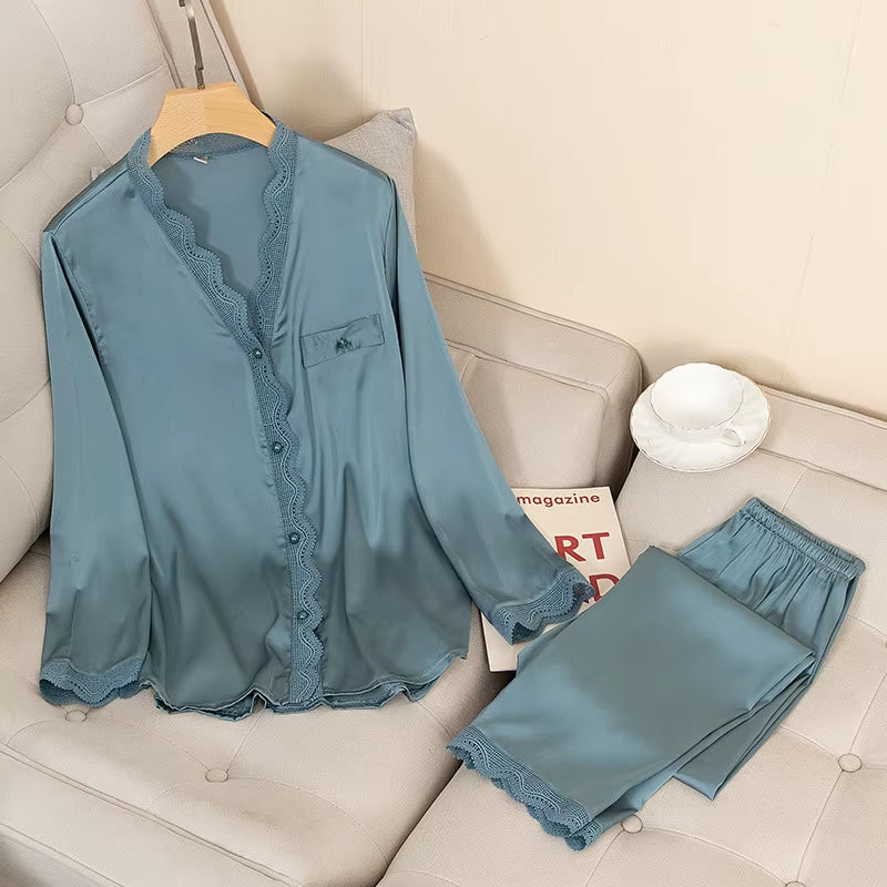 Casual Pajamas Set Satin Sexy Women 2 Piece Sleepwear Silky Pyjamas Loungewear Solid Nightwear Spring New Bathrobe Shirt&Pants