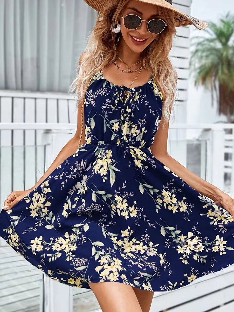 Sexy Floral Print Short Dress Women Summer Fashion Black Backless Beach Sundress Casual Sleeveless Lace-Up New in Dresses 2024