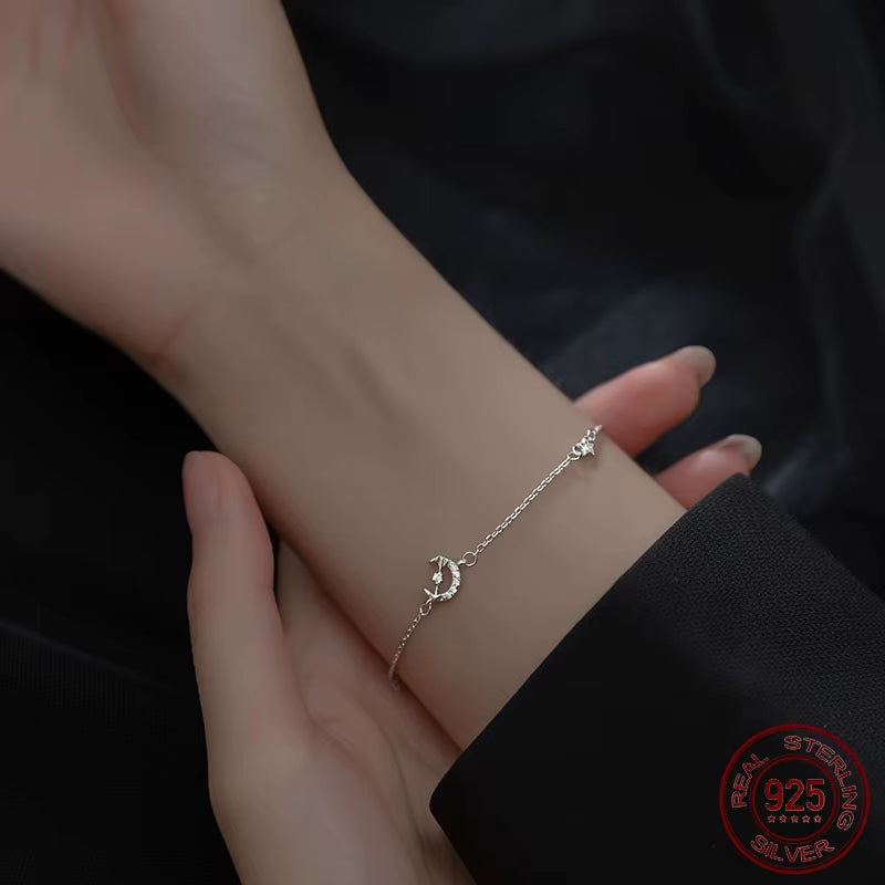 17+3.5Cm Women Bracelet Silver on Hand Chain Bracelet Moon Arrow 925 Sterling Silver Bracelet for Women Girl Female