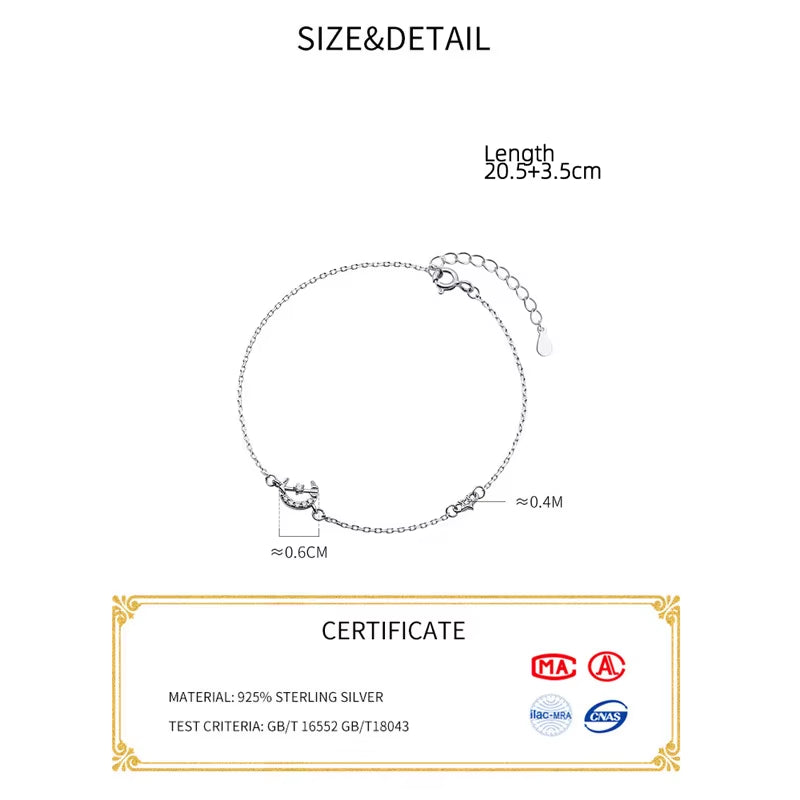 17+3.5Cm Women Bracelet Silver on Hand Chain Bracelet Moon Arrow 925 Sterling Silver Bracelet for Women Girl Female